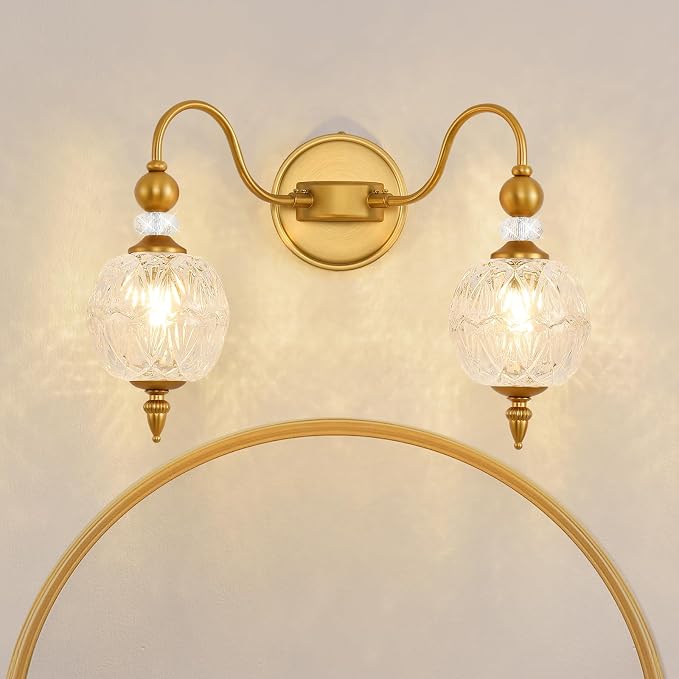Vintage 2-Light Bathroom Vanity Light Over Mirror, Matte Brass | 17in Wide Farmhouse Bathroom Decor, Ribbed Glass Shades, G9 base, Wall Mounted, Mid Century Wall Sconces Vanity Lighting