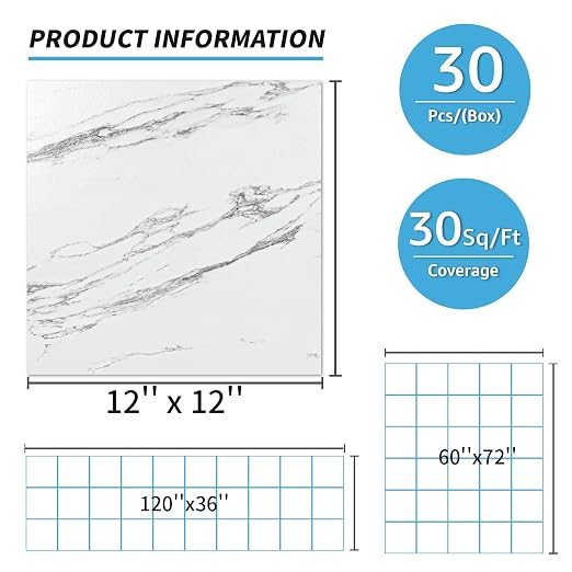Art3d 30-Pack Peel and Stick Vinyl Floor Tiles, 12 x 12 in, Gray Marble | Anti-Slip, Waterproof, Stain-Resistant, Simple to Clean, Durable, Premium Vinyl, Ideal for Kitchen, Dining Room, Bedrooms