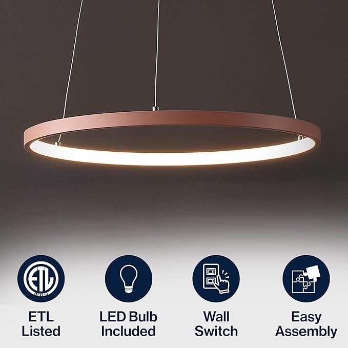 JONATHAN Y 15.75" Matte Pink Modern Integrated LED Pendant Light, Dimmable Round Hoop Chandelier for Kitchen Island, Dining Room, Adjustable Height Metal Hanging Light (JYL7202B)