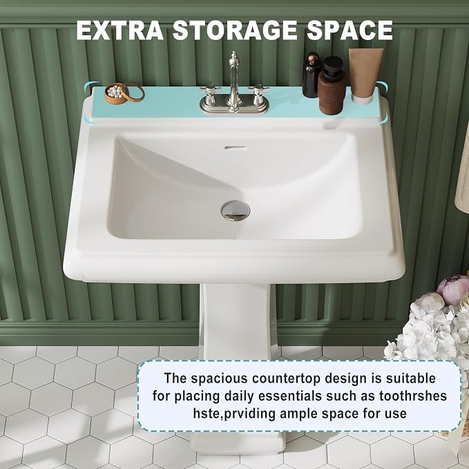 26" W X 20" D Bathroom Pedestal Sink, Rectangular White Ceramic Vanity Sink with Overflow and 3 Pre-Drilled Holes - Fits 4-Inch Faucets,Freestanding Restroom Sink Combo for Small Spaces