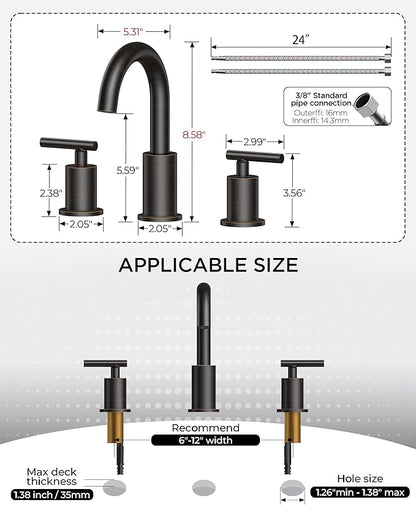 FORIOUS Oil Rubbed Bronze Bathroom Faucets 3 Hole, 8 in Widespread Bathroom Sink Faucet Bronze with Pop Up Drain, 3 Piece Vanity Faucet ORB with 24" CUPC Supply Hoses, 6" to 10" Sink Restroom Remodel