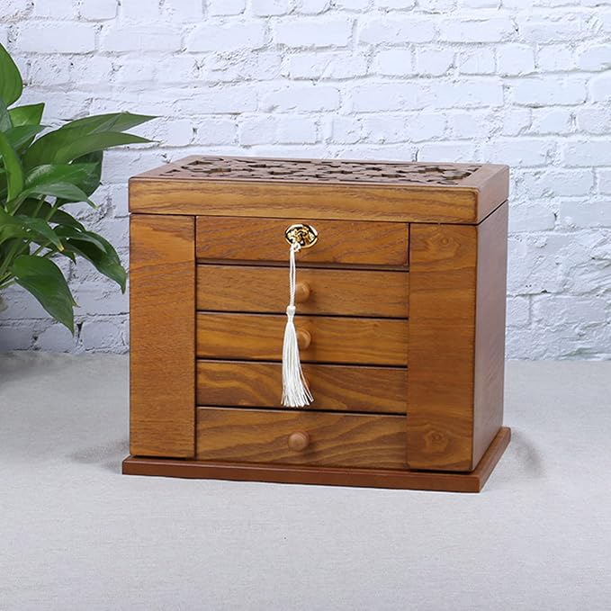 Changsuo Wooden Jewelry Box for Women, Organizer Box of Solid Wood with Lock and Key for Jewelries, Watches, Necklace, Ring, Lockable Storage Case (Cherry)