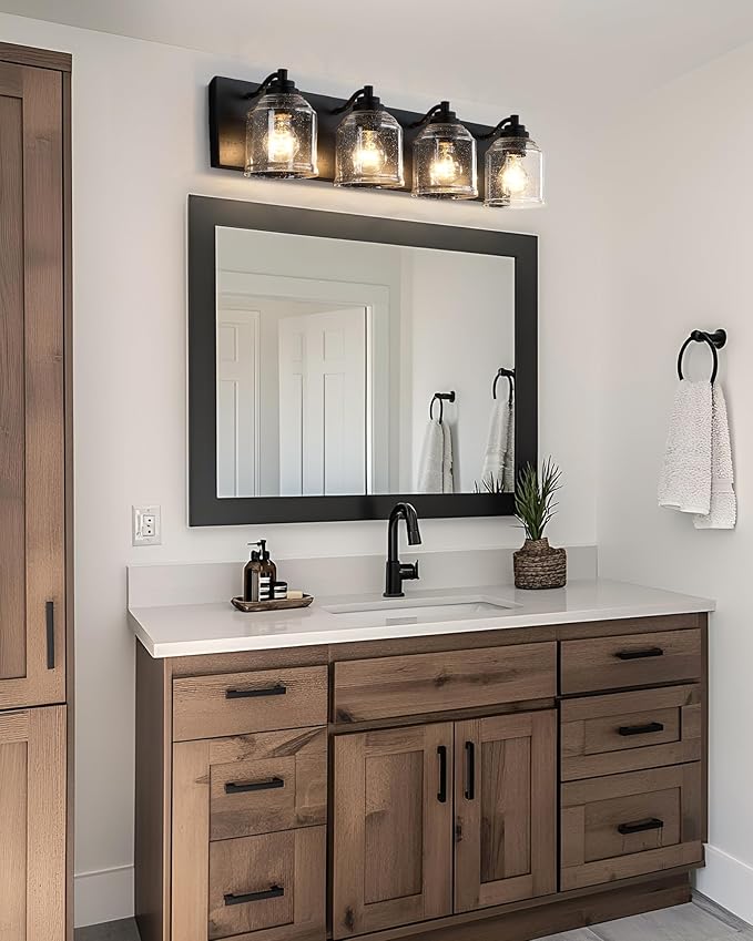 Vanity Lights for Bathroom Large 31.5", Farmhouse Rustic Vanity Light with Bubble Glass Shades, Black 4 Light Bathroom Lighting Fixtures Over Mirror, Bath Wall Sconce Home Decor