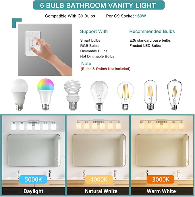 6-Light Bathroom Vanity Light Brushed Nickel Bathroom Light Fixture Vanity Lights with Milky White Frosted Glass Shades Wall Sconces Over Mirror E26 Socket Bulbs Not Included