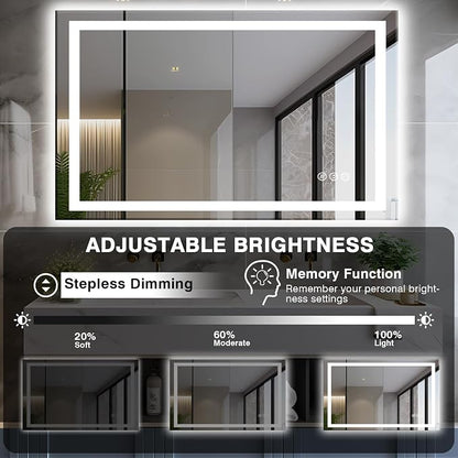 EchosLife 48"x30" LED Bathroom Mirror | Backlit + Front Lit, Anti-Fog, Stepless Dimmable, 3 Colors, Memory, Tempered Glass, UL Listed, Horizontal/Vertical