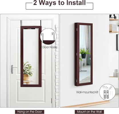 COSTWAY Full Length Mirror Jewelry Cabinet, Wall Door Mounted Jewelry Organizer with Makeup Mirror, Ring Slots and Necklace Hooks, Large Storage Jewelry Armoire for Bedroom, Dressing Room (Brown)