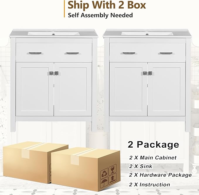 60" White Bathroom Vanity with Double Sink, 60 Inch Bathroom Vanity Set with Double Vanities (Separate), 2 Bathroom Vanities with Sink, Adjustable Shelf, Soft Close Doors and Flip Drawer