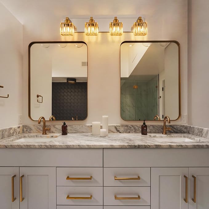 Crystal Bathroom Vanity Light Gold Chrome 4-Light Modern Chrome Vanity Light for Bathroom Square Wall Sconce