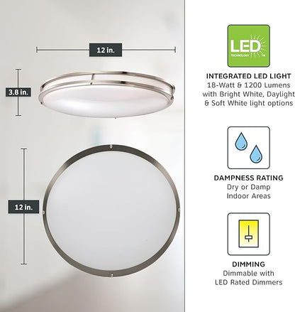 Designers Fountain Flush Mount Ceiling Light, 12 Inch Round LED DC Lighting Fixture Kitchen, Bedroom, Bathroom, Hallway, Dimmable, 1200 Lumens, 3000K/4000K/5000K, Brushed Nickel, EV1412C3C-35