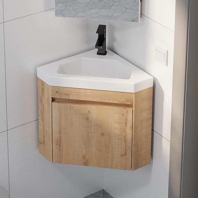 eclife 22" Corner Bathroom Vanity Sink Combo for Small Space Wall Mounted Floating Cabinet with White Resin Sink and Matte Black Faucet, Natural