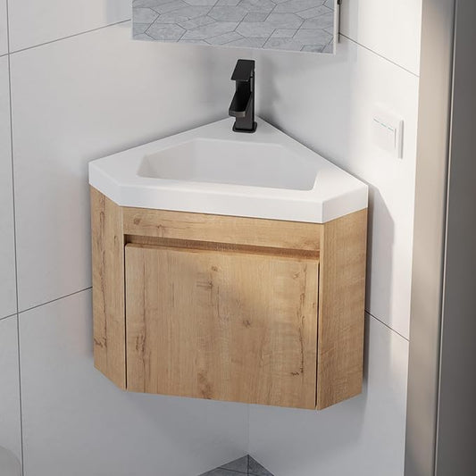 eclife 22" Corner Bathroom Vanity Sink Combo for Small Space Wall Mounted Floating Cabinet with White Resin Sink and Matte Black Faucet, Natural