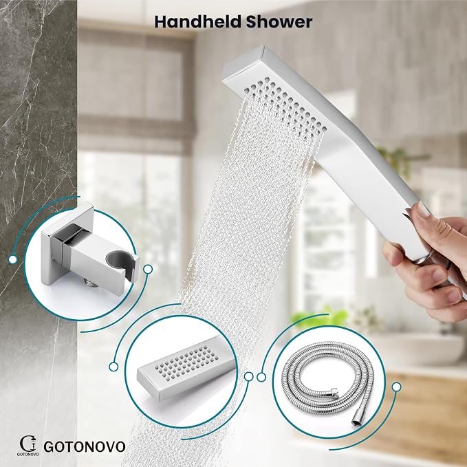 gotonovo Bathtub Shower Faucet Set, 8 Inch Shower Head, Polish Chrome | Wall Mounted Shower System with Tub Spout for Bathroom, Square High Pressure Rain Shower head with Handheld Spray, All Metal
