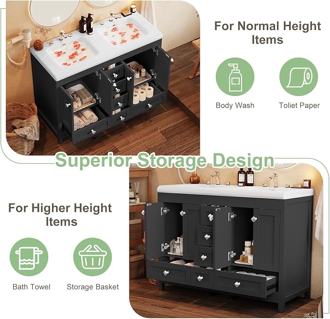48" Bathroom Vanity with Sink, Large Space Bathroom Double Sink with 2 Door & 6 Drawer, Vanity Sinks for Bathrooms, Black, 47.3" × 19.7" × 35.5"