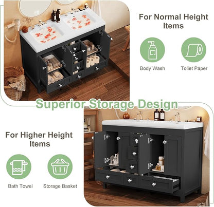 48" Bathroom Vanity with Sink, Large Space Bathroom Double Sink with 2 Door & 6 Drawer, Vanity Sinks for Bathrooms, Black, 47.3" × 19.7" × 35.5"
