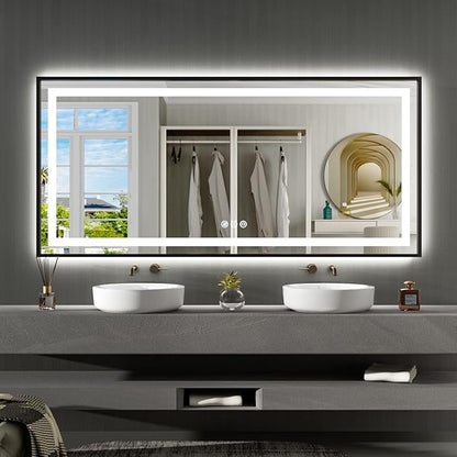 60"X30" LED Bathroom Mirror with Black Frame, Front Lit and Backlit | Metal Framed Mirror, Stepless Dimmable, HD Reflection, Anti-Fog, Shatter-Proof, Memory, 3 Colors Lighting, UL Listed.