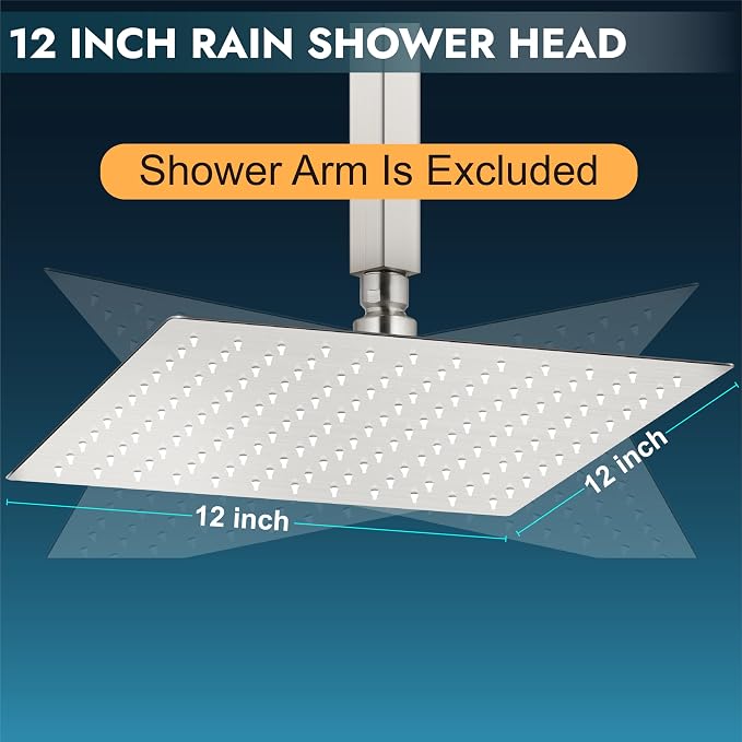 Midanya Square Rain Shower Head,High Pressure,Brushed Nickel 12 Inch | 360°Swivel,Ceiling or Wall Mount,Waterfall Full Body Coverage,Bathroom Remodel,Stainless Steel Large Rainfall Shower Head