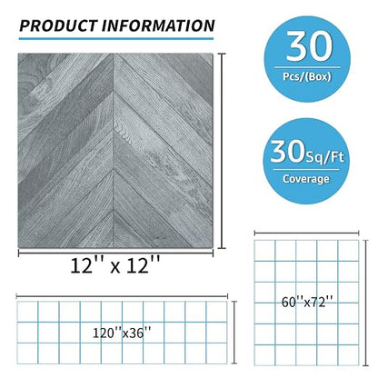 Art3d 30-Pack Herringbone Peel and Stick Floor Planks, 12 x 12 in, Grey | Premium Vinyl, Self-Adhesive, Waterproof, Wood Grain, Fade-Resistant, Scratch-Proof, Ideal for Kitchen, Dining Room, Bedrooms