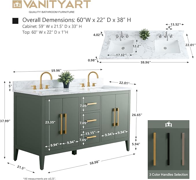 Vanity Art 60 inch Bathroom Vanity with Double Sink & Ceramic Top, Vanity Cabinet with Soft-Closing Doors, Drawers, Solid Wood Frame, Vintage Green, VA9060-DVG-GB1