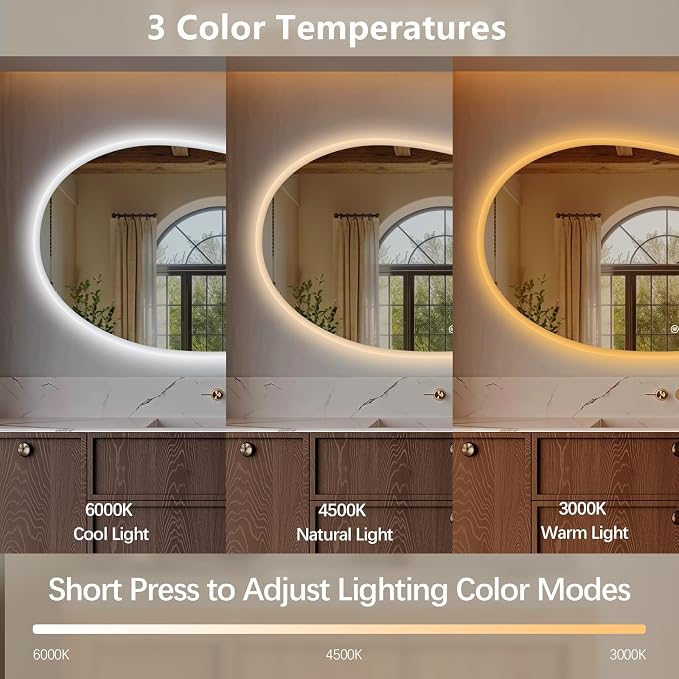 Niccy Irregular LED Bathroom Mirror with Lights, 24"x40" Asymmetrical Backlit-Mirror for Wall Mounted, Bathroom Vanity Mirrors with Memory, Dimmable, 3 Colors, Anti-Fog, IP65 Waterproof
