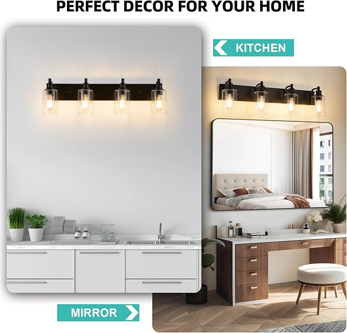 4-Light Bathroom Light Fixtures Modern Black Vanity Lights for Bathroom Lighting Fixtures Over Mirror for Cabinet Mirror Bedroom Hallway