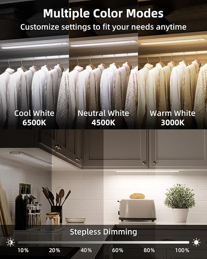 17" Under Cabinet Lights, Motion Sensor Light, Wireless Closet Lights, 3 Color Temps, 4000mAh Rechargeable, Magnetic, Dimmable, 128 LEDs Super Bright Under Counter Lights for Kitchen (2 Pack)