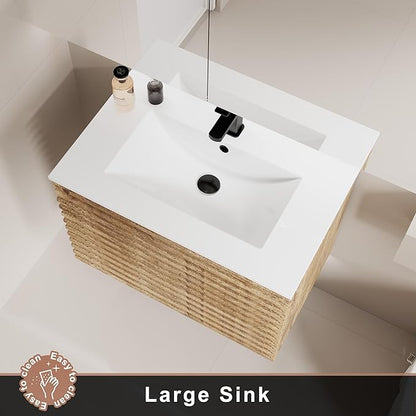 LUCKWIND 30" Floating Bathroom Vanity with Sink, Mid-Century Wall Mounted Big Drawer Cabinet with Large Sink, Water Saving Faucet and Wood Stripes Style, Oak