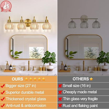 4-Light Bathroom Light Fixtures, 27" Brushed Gold Vanity Lights for Bathroom with Ribbed Amber Tulip Glass Shade, Vintage Bathroom Vanity Lighting Fixtures Over Mirror for Bedroom Living Room Hallway