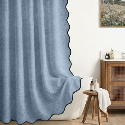 Scalloped Shower Curtain Linen Boho Flax Blue Grey 72" W x 72" L | Linen Fabric, Black Border, Washable, Heavy Duty Cloth, Shower Curtain for Boho Farmhouse Bathroom Bathtub