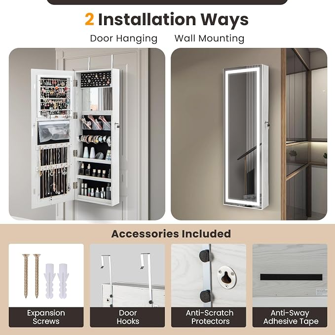 GOFLAME LED Mirror Jewelry Cabinet 47”, Wall/Door Mounted Full Length Mirror with Storage, 3-Color Lights, Interior Makeup Mirror, Lockable Jewelry Storage Organizer, Jewelry Armoire, White