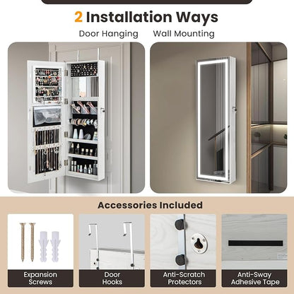 GOFLAME LED Mirror Jewelry Cabinet 47”, Wall/Door Mounted Full Length Mirror with Storage, 3-Color Lights, Interior Makeup Mirror, Lockable Jewelry Storage Organizer, Jewelry Armoire, White