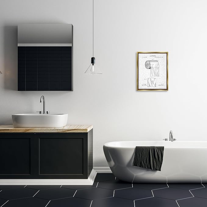 Vintage Patent Bathroom, 16 x 20 Inch Canvas in Floater Frame | Stupell Industries · By Lettered and Lined · Ready to hang · Great for bath and laundry decor · Made in USA