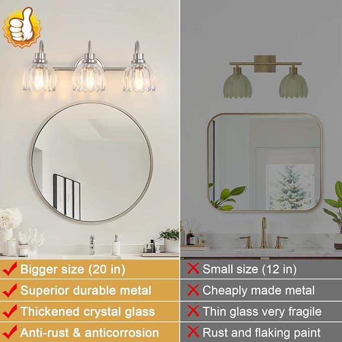 Bathroom Light Fixtures (3-Light, 20 Inch), Brushed Nickel Vanity Lights for Bathroom with Ribbed Clear Tulip Glass Shade, Vintage Vanity Wall Lights for Mirror Bedroom Living Room Hallway