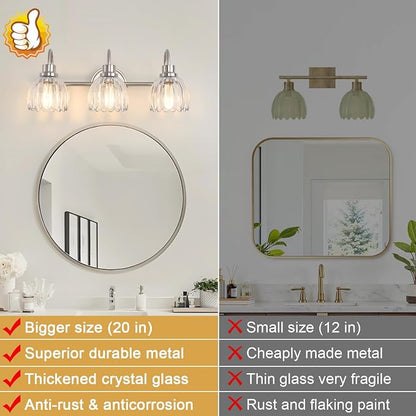 Bathroom Light Fixtures (3-Light, 20 Inch), Brushed Nickel Vanity Lights for Bathroom with Ribbed Clear Tulip Glass Shade, Vintage Vanity Wall Lights for Mirror Bedroom Living Room Hallway