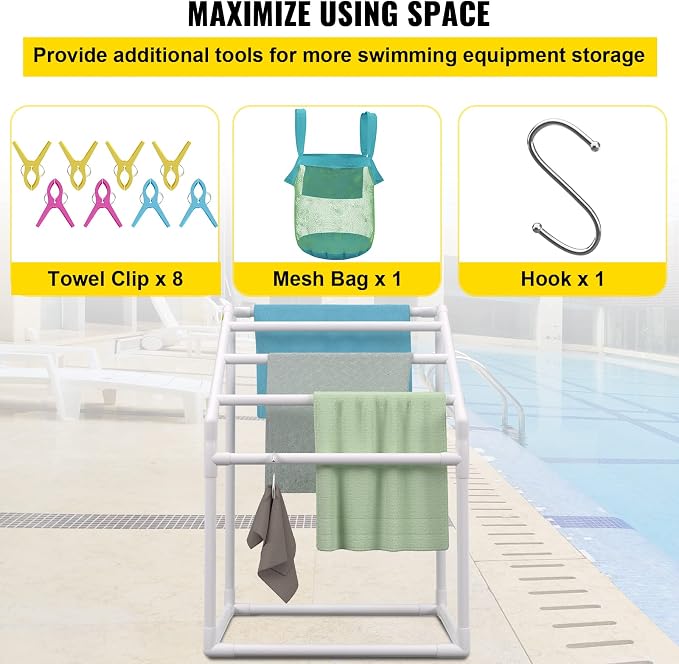 VEVOR Pool Towel Rack, 5 Bar, White, Freestanding Outdoor PVC Trapedozal Poolside Storage Organizer, Include 8 Towel Clips, Mesh Bag, Hook, Also Stores Floats and Paddles, for Beach, Swimming Pool