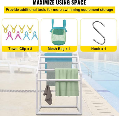 VEVOR Pool Towel Rack, 5 Bar, White, Freestanding Outdoor PVC Trapedozal Poolside Storage Organizer, Include 8 Towel Clips, Mesh Bag, Hook, Also Stores Floats and Paddles, for Beach, Swimming Pool