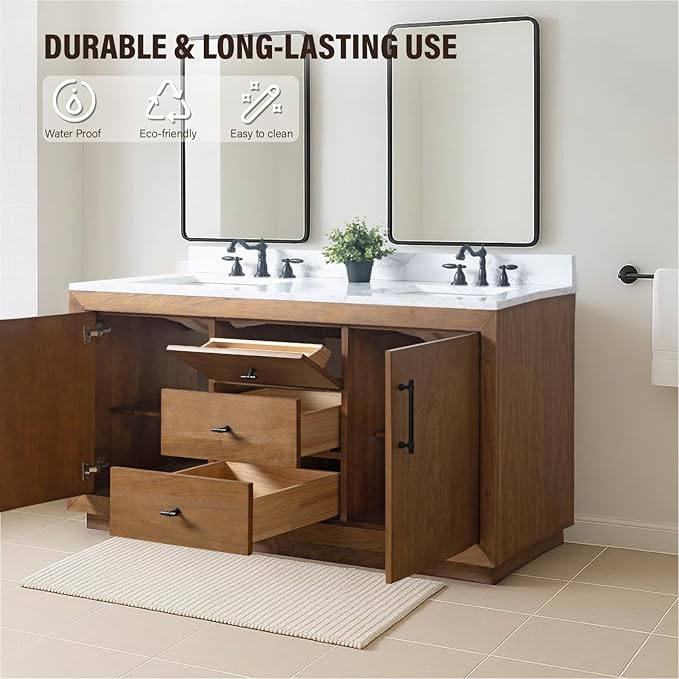 HOMEBEYOND 60" Bathroom Vanity with Double Sink & Ceramic Top, MDF Material Vanity Cabinet with Basin Combo, Soft-Closing Doors, Removable Shelf, Backsplash, Tan