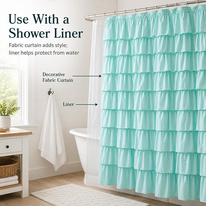 Teal Ruffle Shower Curtain, Elegant Boho Bathroom Decor, Extra Long Textured Fabric, Rustic Farmhouse Style, Chic Girly Aqua Curtains, Privacy & Decorative Design, 72 x 72 inch