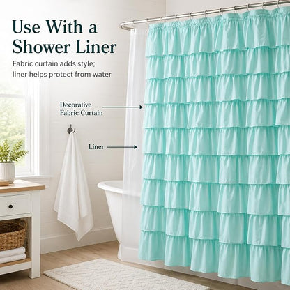 Teal Ruffle Shower Curtain, Elegant Boho Bathroom Decor, Extra Long Textured Fabric, Rustic Farmhouse Style, Chic Girly Aqua Curtains, Privacy & Decorative Design, 72 x 72 inch