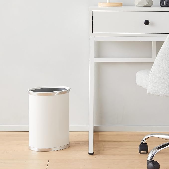 Kraftware Leatherette Wastebasket, 14", White with Brushed Chrome