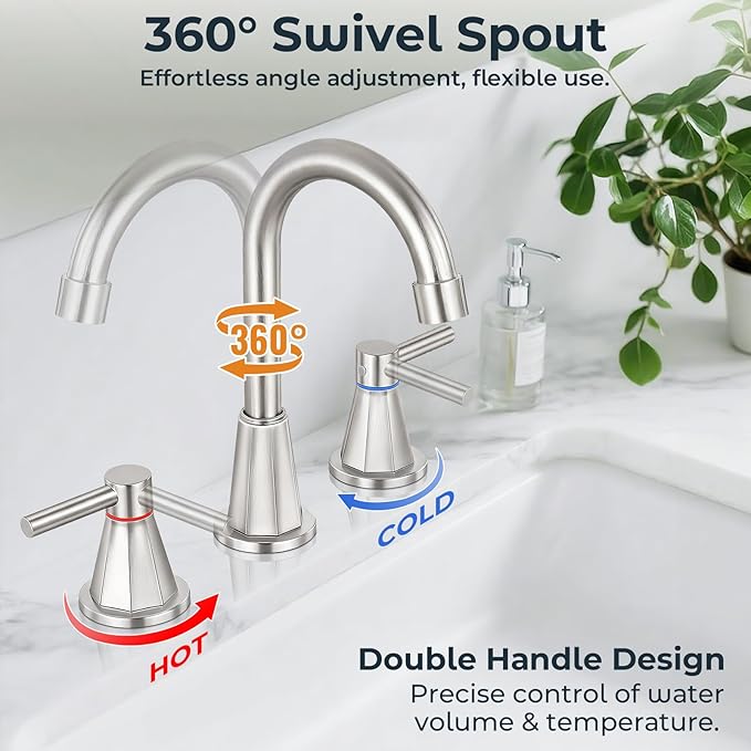 Bathroom Faucets for Sink 3 Hole 8 Inch Widespread 2 Handle Bathroom Faucet with Pop-up Drain and 360° Swivel Spout,Brushed Nickel