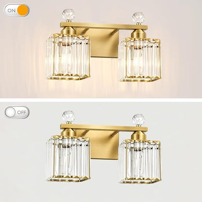 Lxybcce Modern 14In 2-Lights Bathroom Vanity Light, Crystal Bathroom Light Fixtures, Gold Vanity Light Fixtures Over Mirror, Easy Installation & Shadow-Free Illumination for Bathroom Mirror Decor