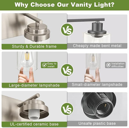 3-Light Bathroom Light Fixtures, Brushed Nickel Vanity Lights | Modern Bathroom Lighting Fixtures Over Mirror, Vanity Lights for Bathroom, Mirror, Restroom, Bedroom, E26