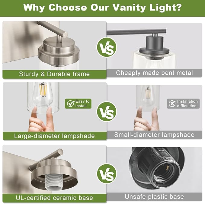 4-Light Bathroom Light Fixtures, Brushed Nickel Vanity Lights | Modern Bathroom Lighting Fixtures Over Mirror, Vanity Lights for Bathroom, Mirror, Restroom, Bedroom, E26