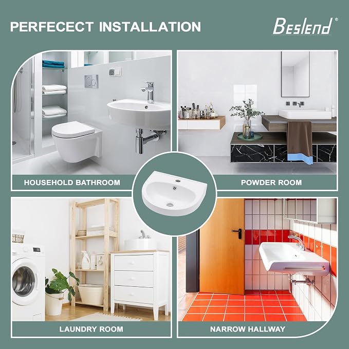 Wall Mount Bathroom Vessel Sink Space Saving | Beslend 16"x14" Inch White Ceramic Vessel Sink, Semi-Circular Bowl White Art Basin with Overflow and Single Hole