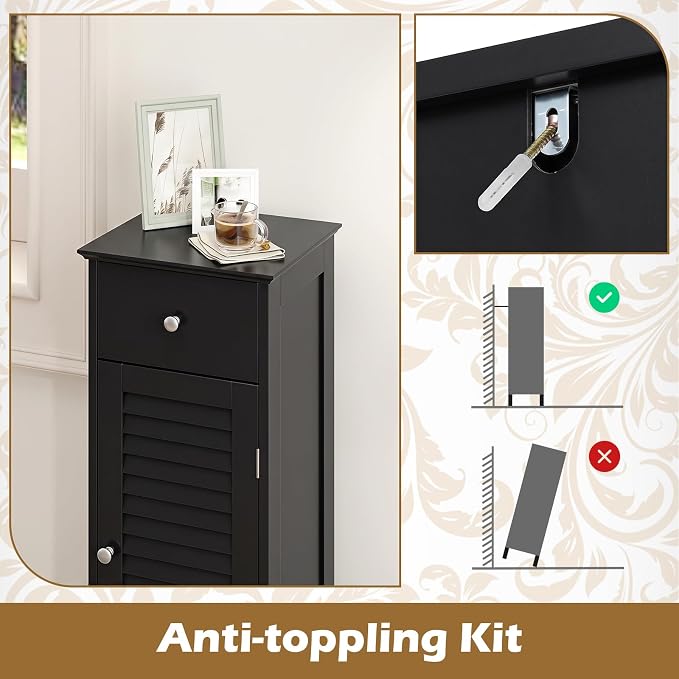 GIANTEX Bathroom Floor Storage Cabinet with Door and Drawer, Black | Freestanding Side Cabinet with 3-Height Adjustable Shelf, Slim Cupboard, Storage Organizer Cabinet for Bedroom Living Room