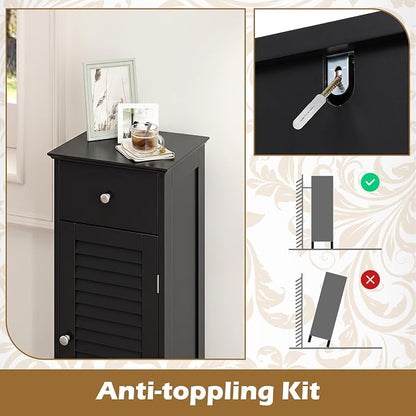 GIANTEX Bathroom Floor Storage Cabinet with Door and Drawer, Black | Freestanding Side Cabinet with 3-Height Adjustable Shelf, Slim Cupboard, Storage Organizer Cabinet for Bedroom Living Room