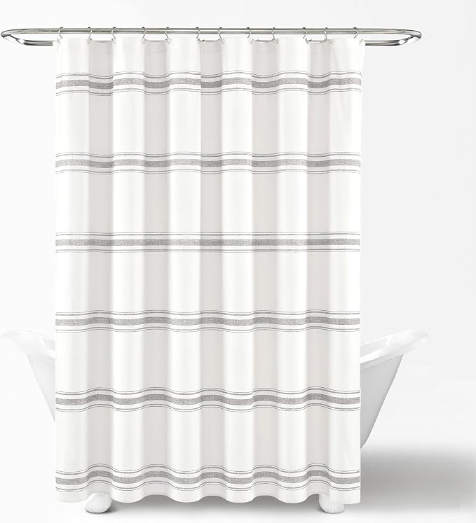 Lush Decor Farmhouse Stripe Cotton Shower Curtain, 72" W x 72" L, Gray - Striped Bathroom Curtain - Fabric Shower Curtains - Farmhouse Bathroom Decor