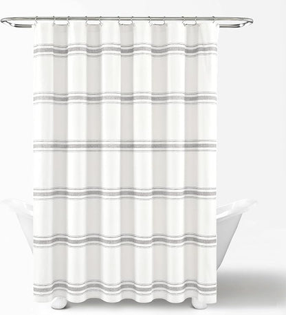 Lush Decor Farmhouse Stripe Cotton Shower Curtain, 72" W x 72" L, Gray - Striped Bathroom Curtain - Fabric Shower Curtains - Farmhouse Bathroom Decor