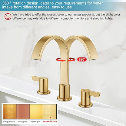 Midanya 8 Inch Widespread Bathroom Sink Faucet 3 Hole,Gold | Waterfall Swivel Spout,2 Handle,SUS304,with Pop Up Drain,cUPC 24" Water Hose,for 6-16” hole distance vanity,RV,Farmhouse Sink