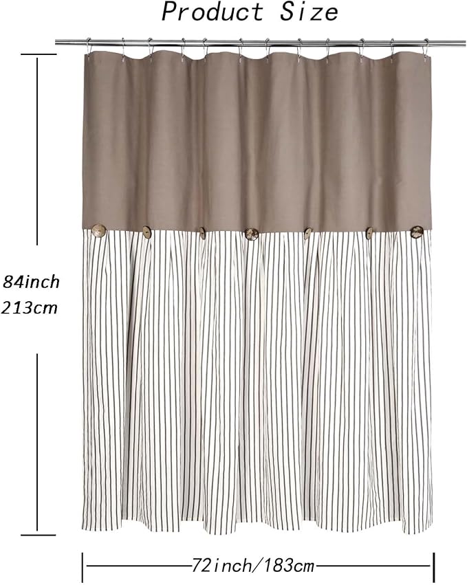 DOSLY Ides Farmhouse Taupe Shower Curtain, Taupe and Brown Stripe, Button Curtain, Cotton Blend and Cotton Woven Fabric, Rustic Charm Country Chic Style, 72x84 in, Bathroom